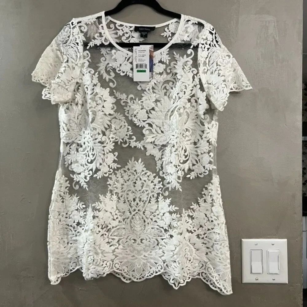 Karen Kane Embroidered Summer Tunic Top Lace White Aquamarine Large NWT